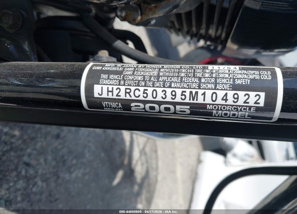 2005 HONDA VT750 CA VIN: JH2RC50395M104922