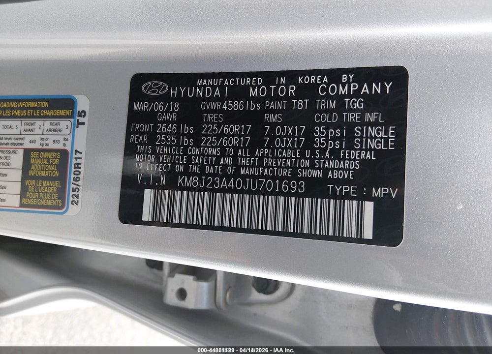 2018 HYUNDAI TUCSON SE VIN: KM8J23A40JU701693