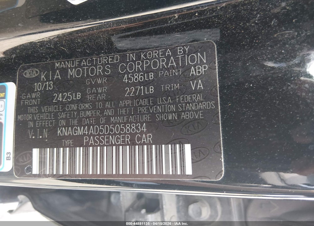 2013 KIA OPTIMA HYBRID LX VIN: KNAGM4AD5D5058834