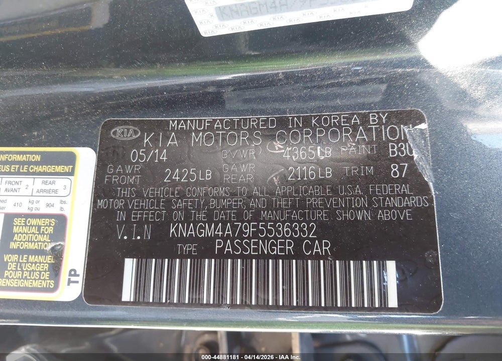 2015 KIA OPTIMA LX VIN: KNAGM4A79F5536332