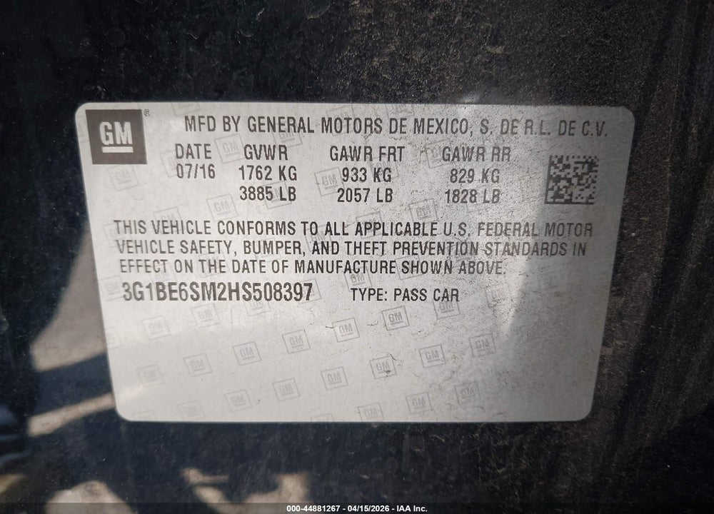 2017 CHEVROLET CRUZE LT AUTO VIN: 3G1BE6SM2HS508397
