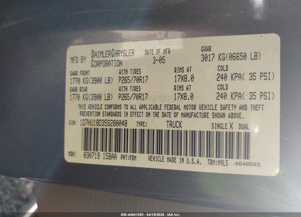 2005 DODGE RAM 1500 SLT/LARAMIE VIN: 1D7HU18D35S280048