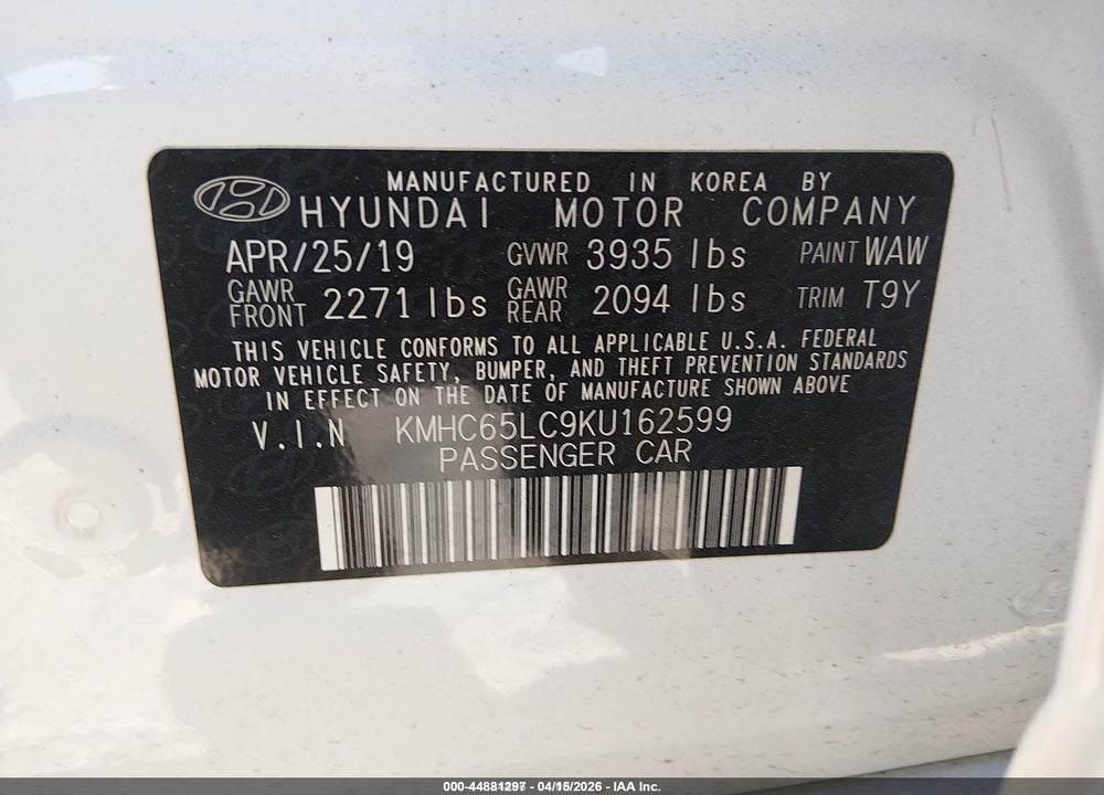 2019 HYUNDAI IONIQ HYBRID BLUE VIN: KMHC65LC9KU162599