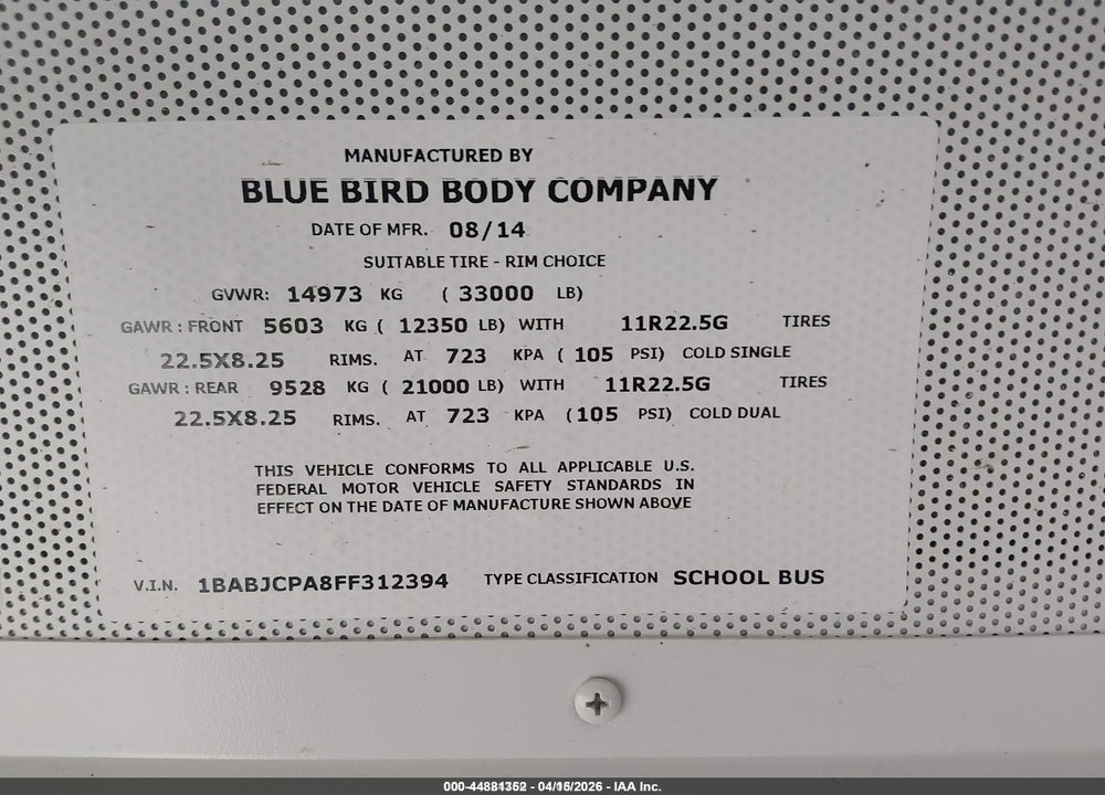 2015 BLUE BIRD SCHOOL BUS / TRANSIT BUS VIN: 1BABJCPA8FF312394