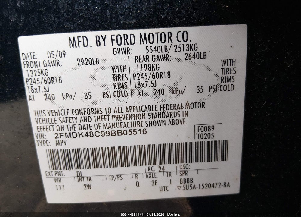 2009 FORD EDGE SEL VIN: 2FMDK48C99BB05516