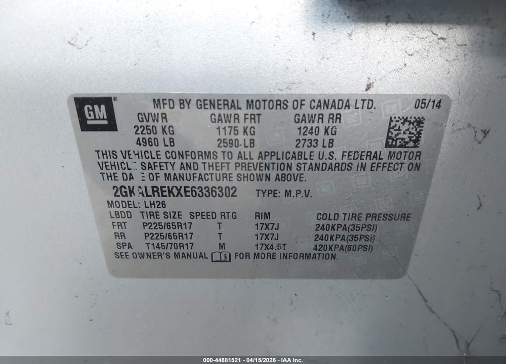 2014 GMC TERRAIN SLE-2 VIN: 2GKALREKXE6336302