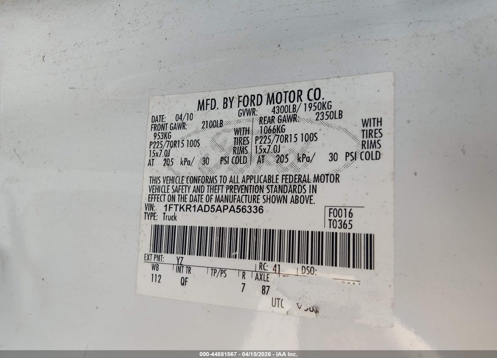 2010 FORD RANGER XL VIN: 1FTKR1AD5APA56336