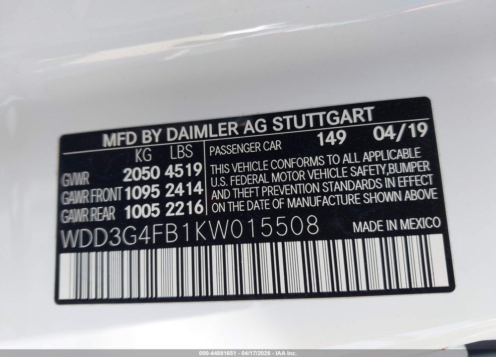 2019 MERCEDES-BENZ A 220 4MATIC VIN: WDD3G4FB1KW015508