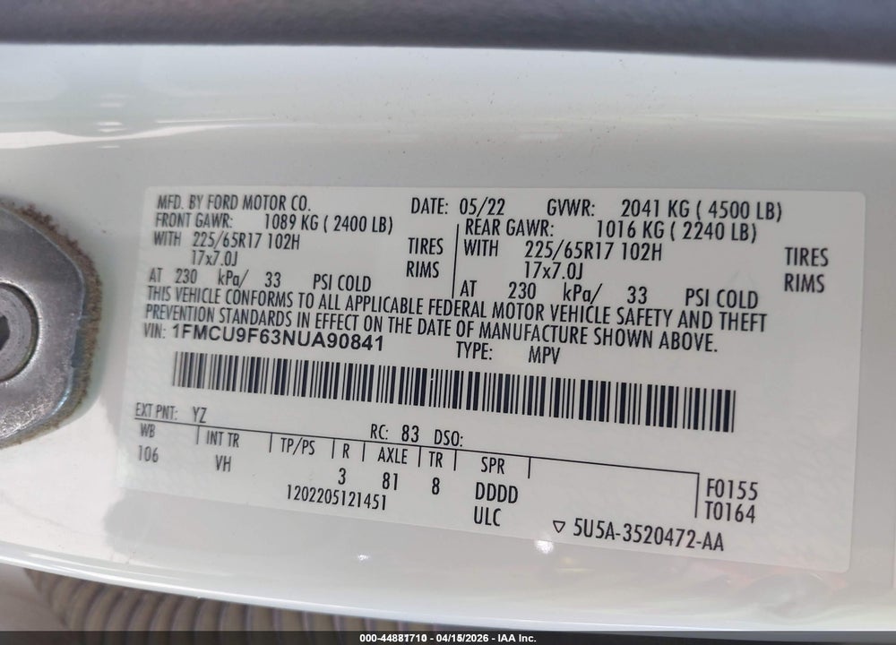 2022 FORD ESCAPE S VIN: 1FMCU9F63NUA90841