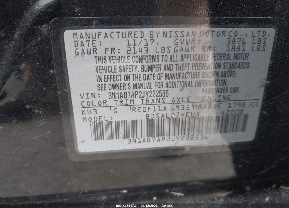 2018 NISSAN SENTRA SV VIN: 3N1AB7AP2JY222536