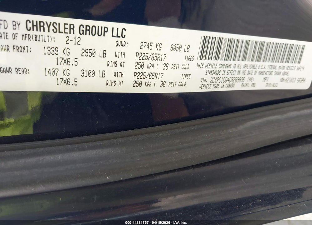 2012 CHRYSLER TOWN & COUNTRY TOURING-L VIN: 2C4RC1CG4CR269836