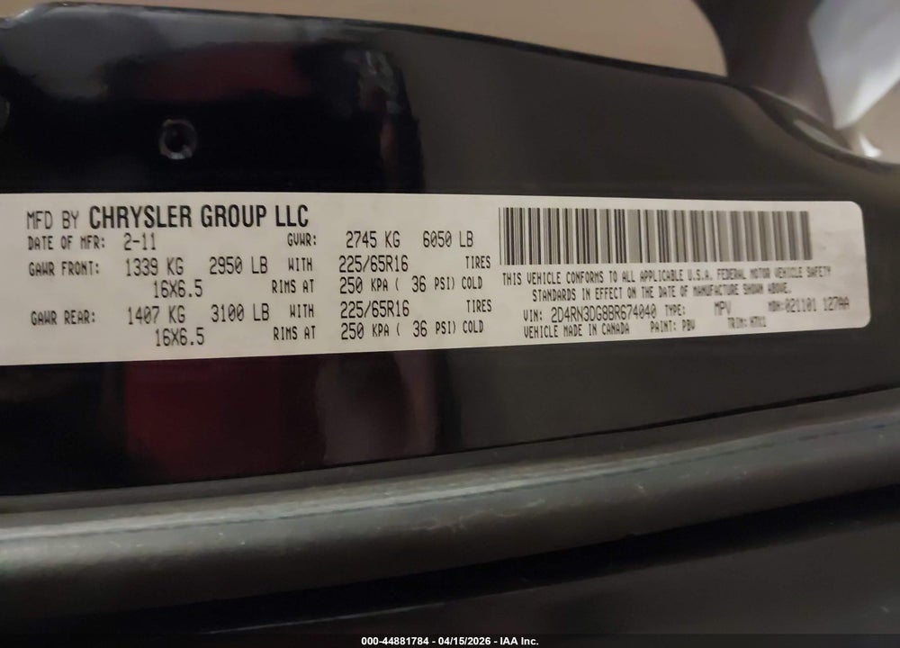 2011 DODGE GRAND CARAVAN MAINSTREET VIN: 2D4RN3DG8BR674040