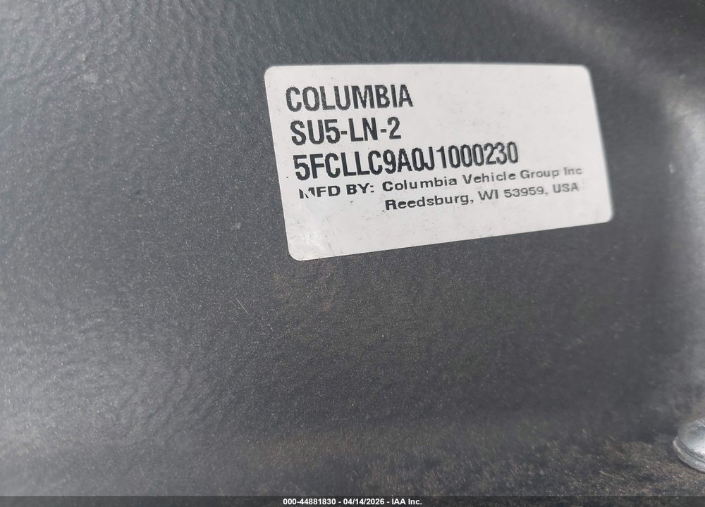 2018 COLUMBIA UTILITRUCK VIN: 5FCLLC9A0J1000230