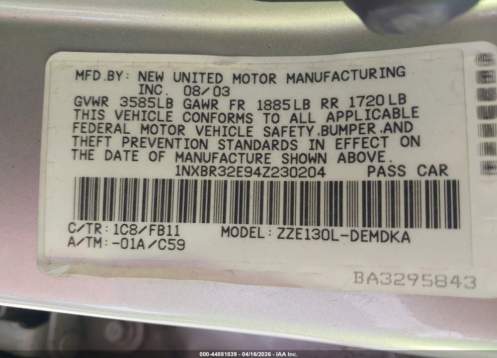 2004 TOYOTA COROLLA CE VIN: 1NXBR32E94Z230204
