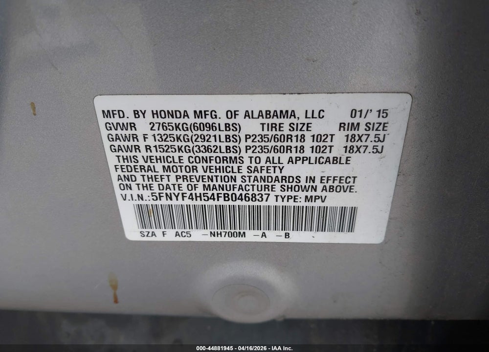 2015 HONDA PILOT EX-L VIN: 5FNYF4H54FB046837