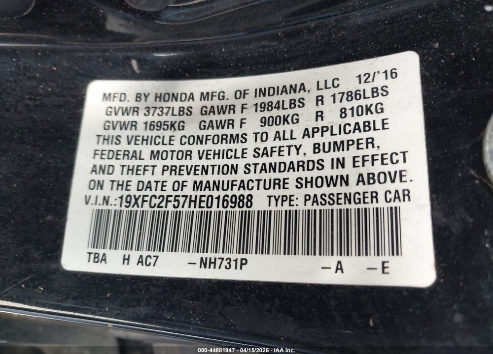 2017 HONDA CIVIC LX VIN: 19XFC2F57HE016988