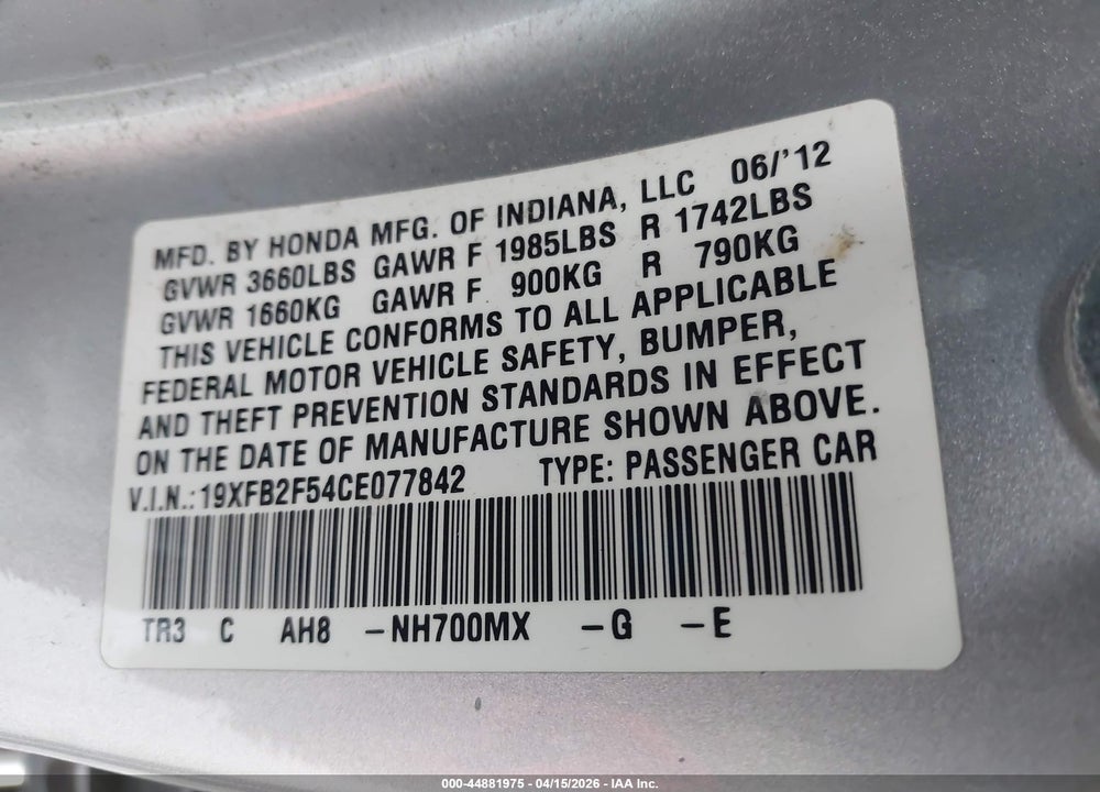 2012 HONDA CIVIC LX VIN: 19XFB2F54CE077842