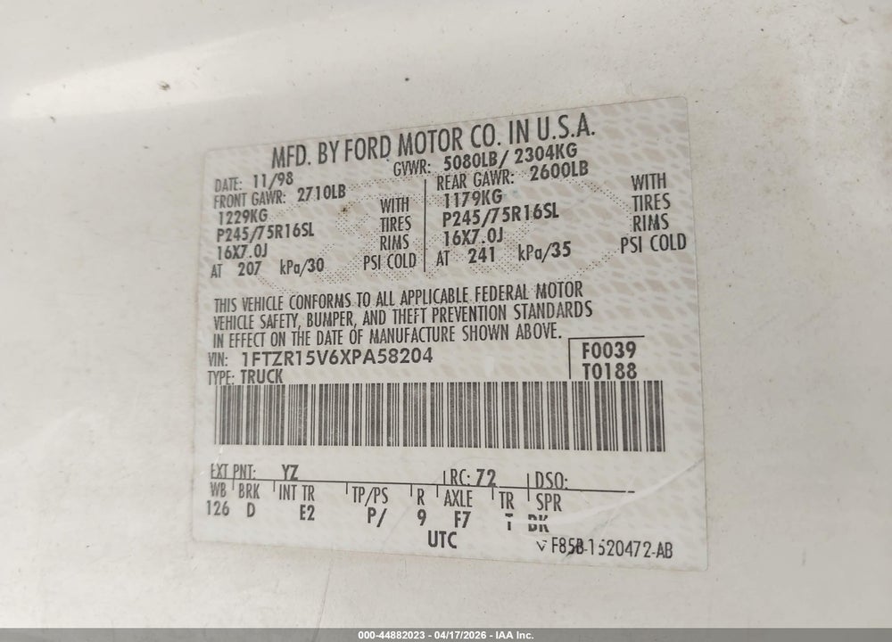 1999 FORD RANGER XL/XLT VIN: 1FTZR15V6XPA58204