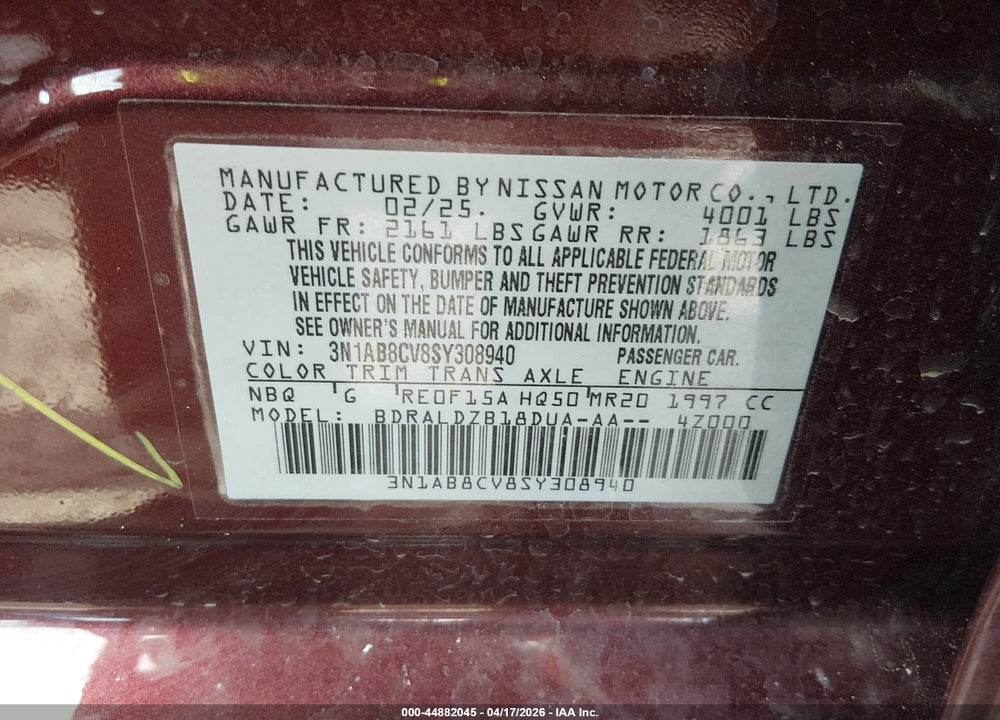 2025 NISSAN SENTRA SV VIN: 3N1AB8CV8SY308940