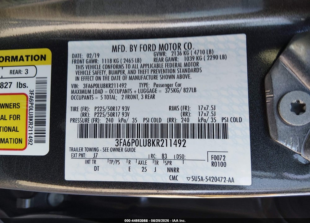 2019 FORD FUSION HYBRID SE VIN: 3FA6P0LU8KR211492