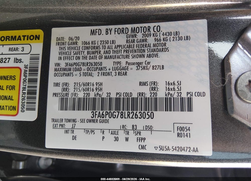 2020 FORD FUSION S VIN: 3FA6P0G78LR263050