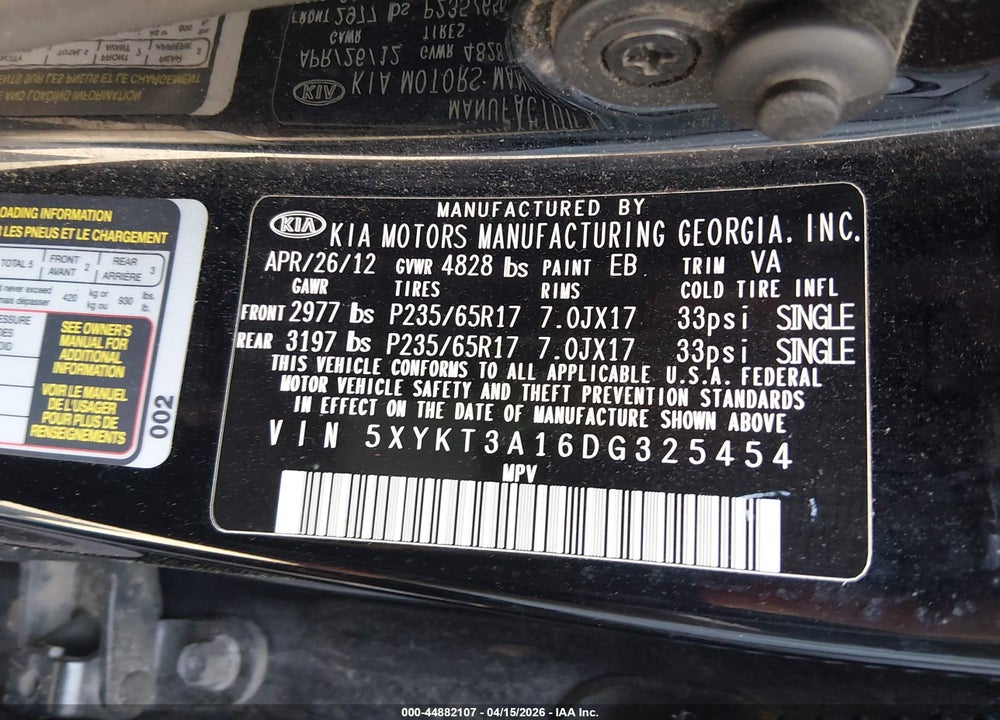 2013 KIA SORENTO LX VIN: 5XYKT3A16DG325454