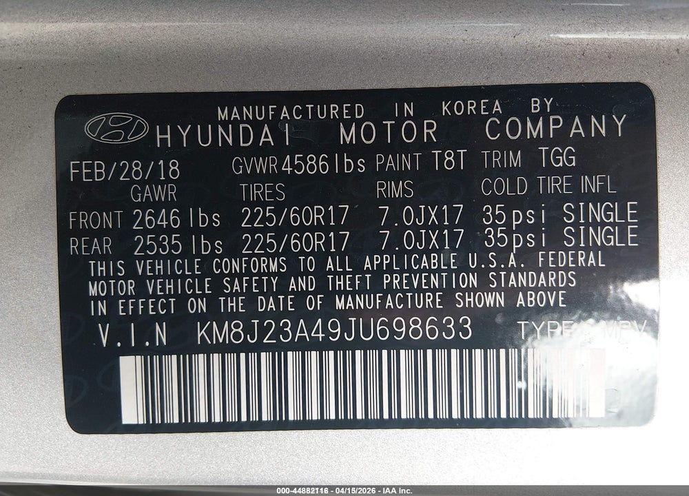 2018 HYUNDAI TUCSON SE VIN: KM8J23A49JU698633