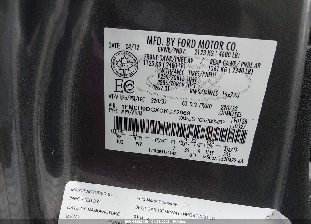 2012 FORD ESCAPE XLT VIN: 1FMCU9DGXCKC72069