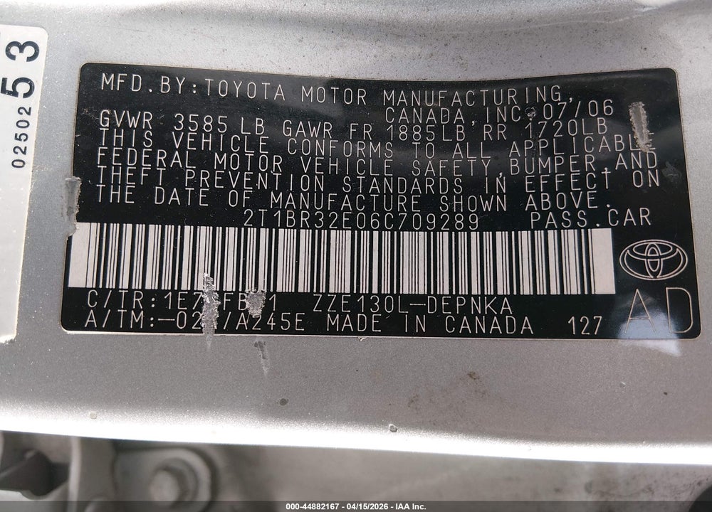 2006 TOYOTA COROLLA LE VIN: 2T1BR32E06C709289