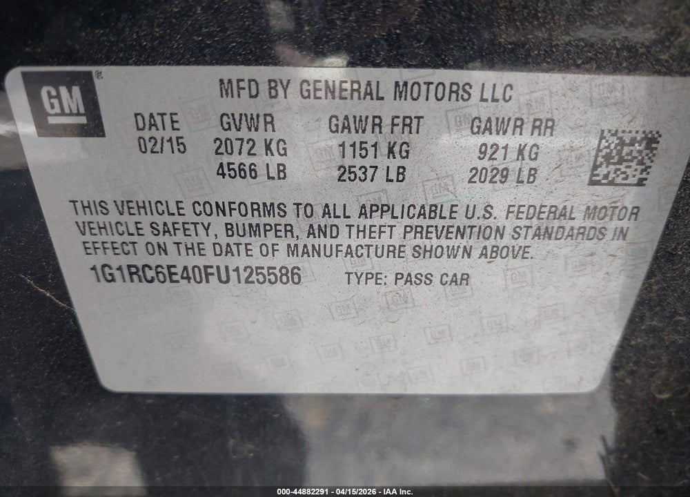 2015 CHEVROLET VOLT VIN: 1G1RC6E40FU125586