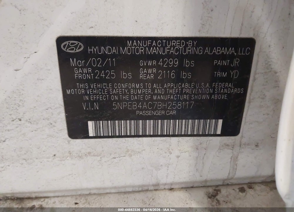 2011 HYUNDAI SONATA GLS VIN: 5NPEB4AC7BH258117
