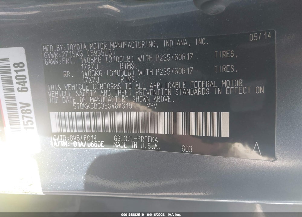 2014 TOYOTA SIENNA LE V6 8 PASSENGER VIN: 5TDKK3DC3ES487319