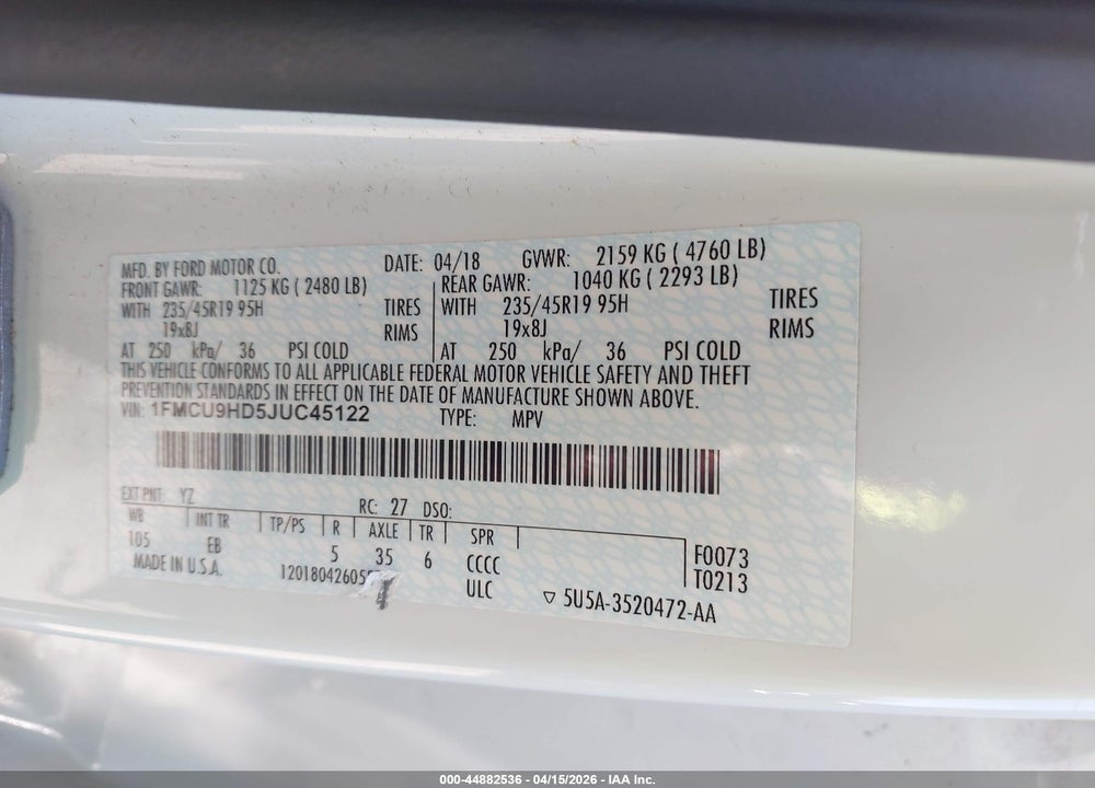 2018 FORD ESCAPE SEL VIN: 1FMCU9HD5JUC45122