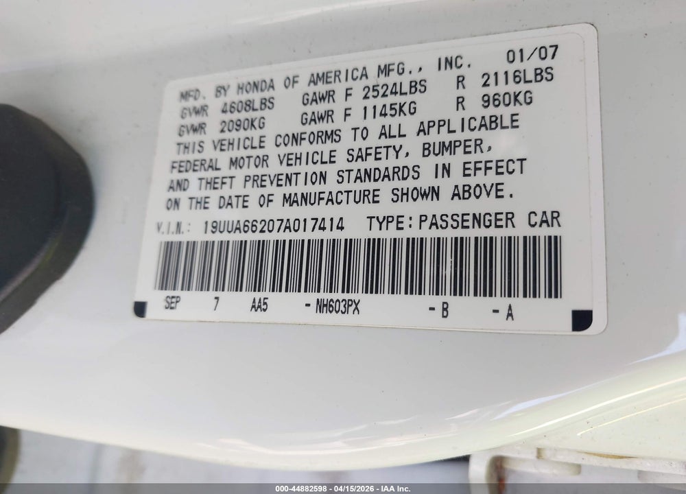 2007 ACURA TL 3.2 VIN: 19UUA66207A017414
