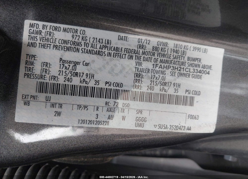 2012 FORD FOCUS SEL VIN: 1FAHP3H21CL334004