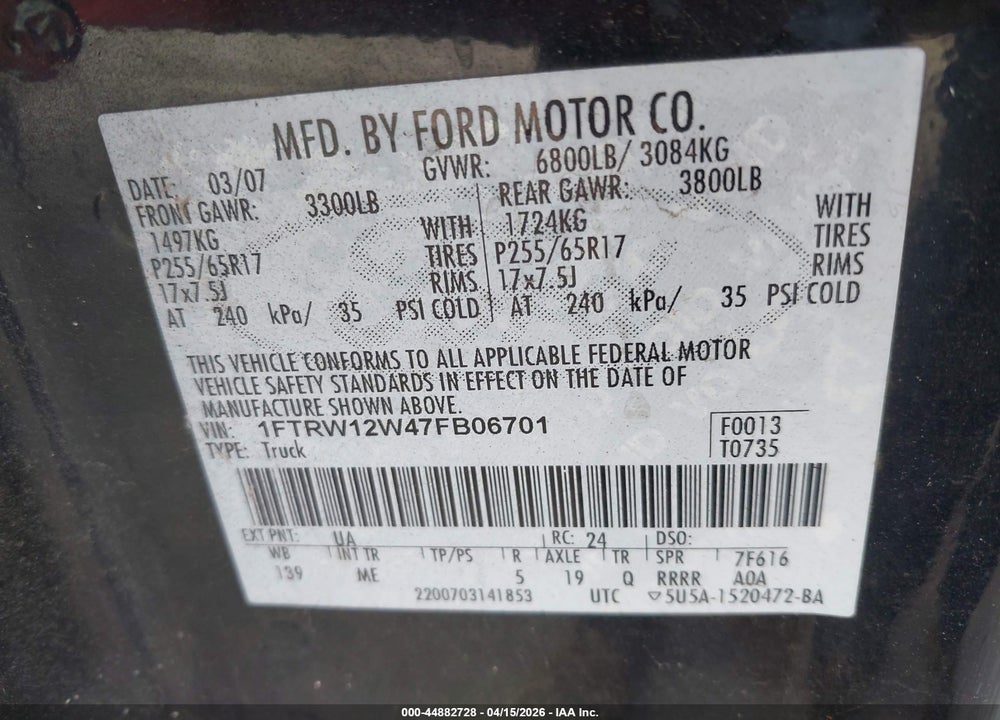 2007 FORD F-150 XLT VIN: 1FTRW12W47FB06701