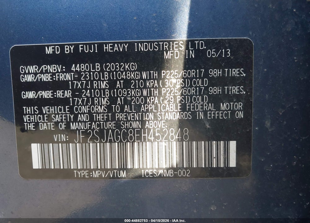 2014 SUBARU FORESTER 2.5I PREMIUM VIN: JF2SJAGC8EH452848