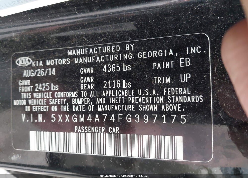 2015 KIA OPTIMA LX VIN: 5XXGM4A74FG397175