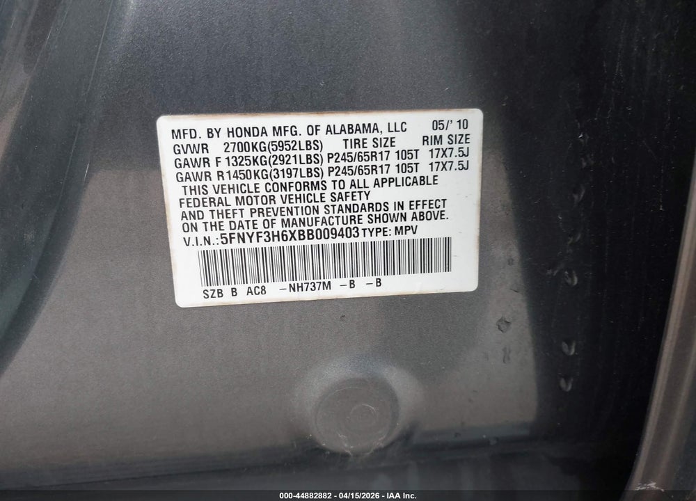 2011 HONDA PILOT EX-L VIN: 5FNYF3H6XBB009403