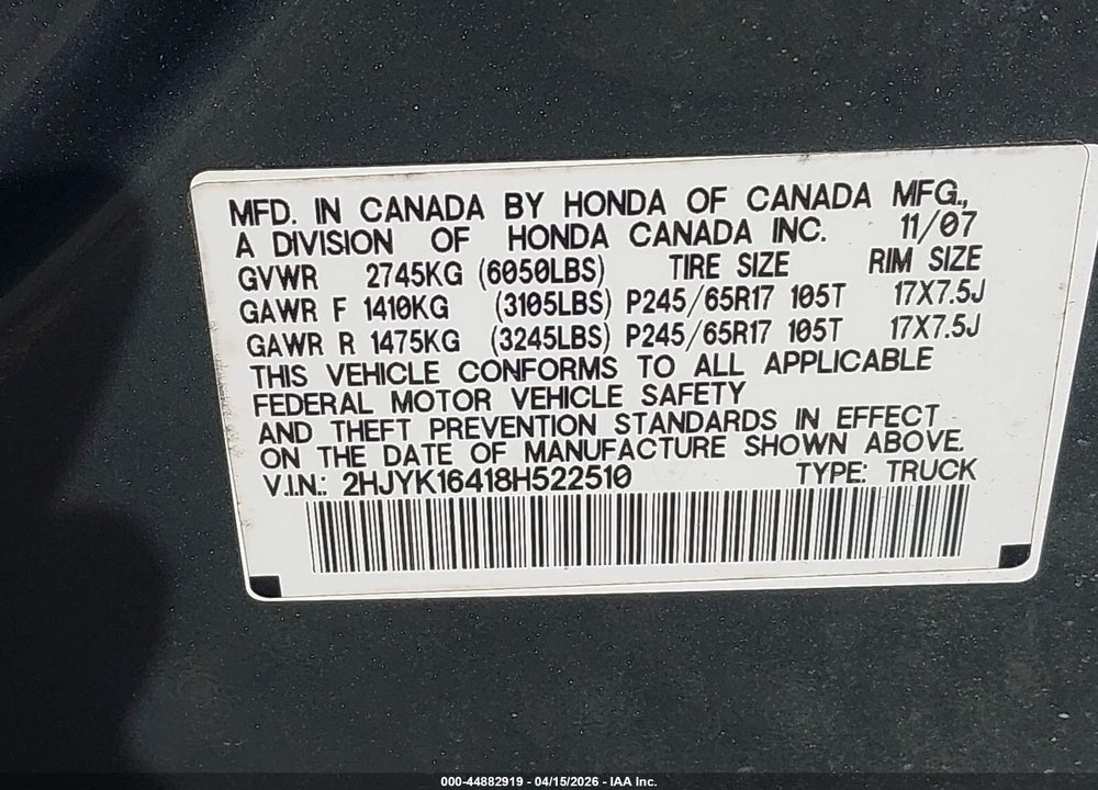 2008 HONDA RIDGELINE RTS VIN: 2HJYK16418H522510