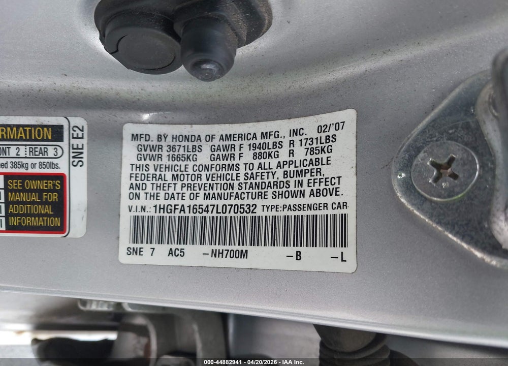 2007 HONDA CIVIC LX VIN: 1HGFA16547L070532