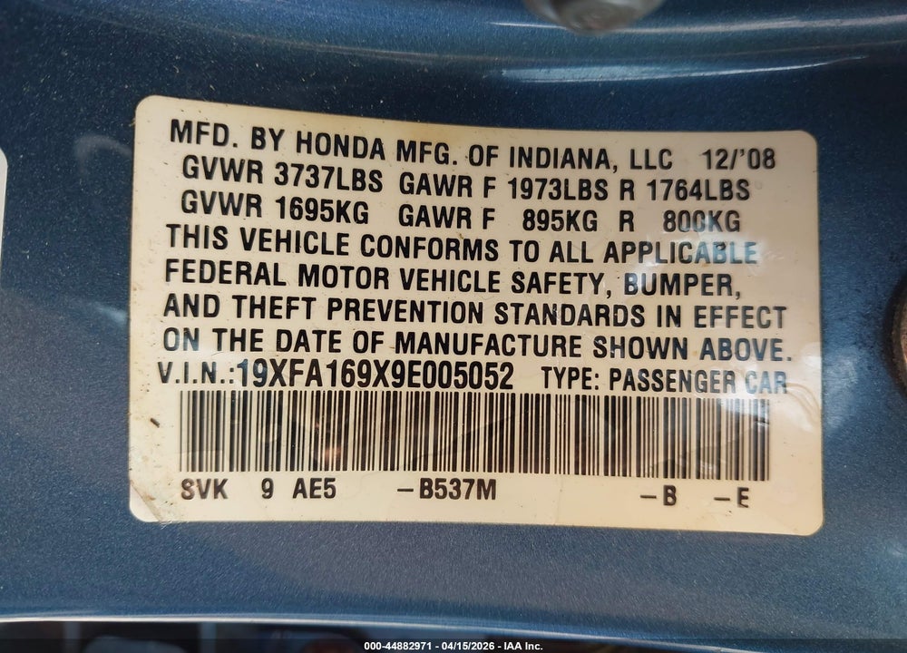 2009 HONDA CIVIC EX-L VIN: 19XFA169X9E005052