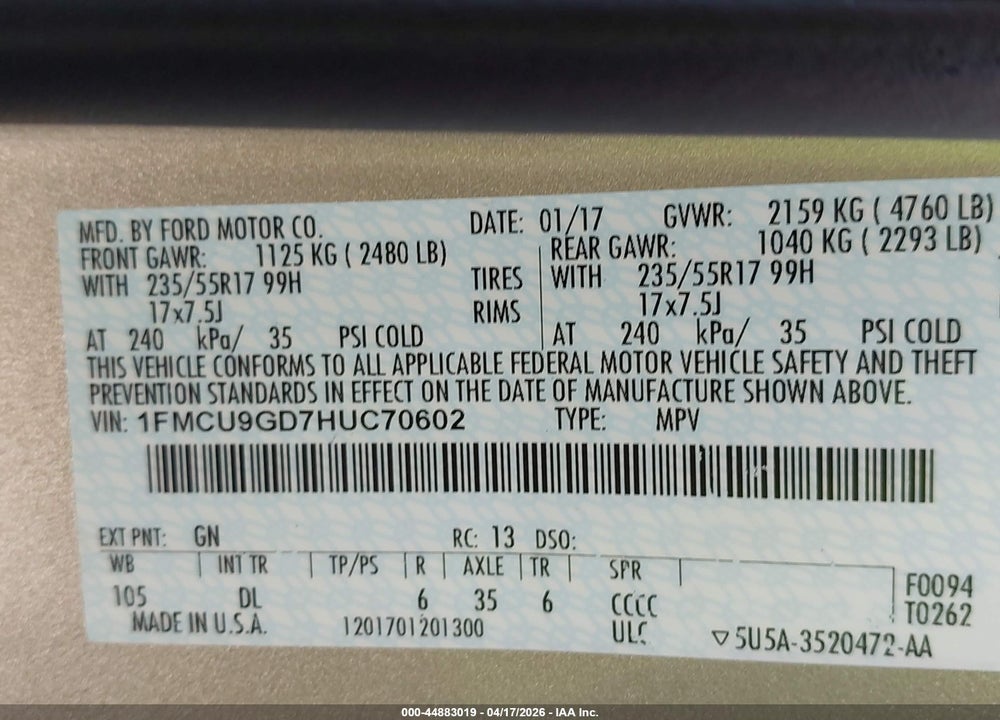2017 FORD ESCAPE SE VIN: 1FMCU9GD7HUC70602