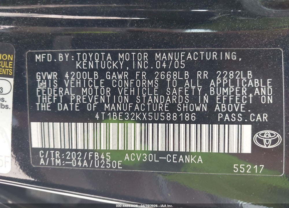 2005 TOYOTA CAMRY LE VIN: 4T1BE32KX5U588186