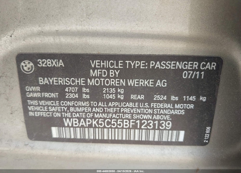 2011 BMW 328I XDRIVE VIN: WBAPK5C55BF123139