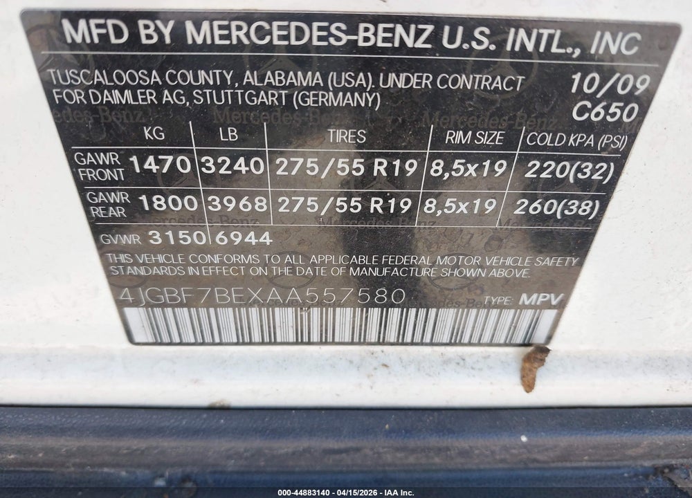 2010 MERCEDES-BENZ GL 450 4MATIC VIN: 4JGBF7BEXAA557580