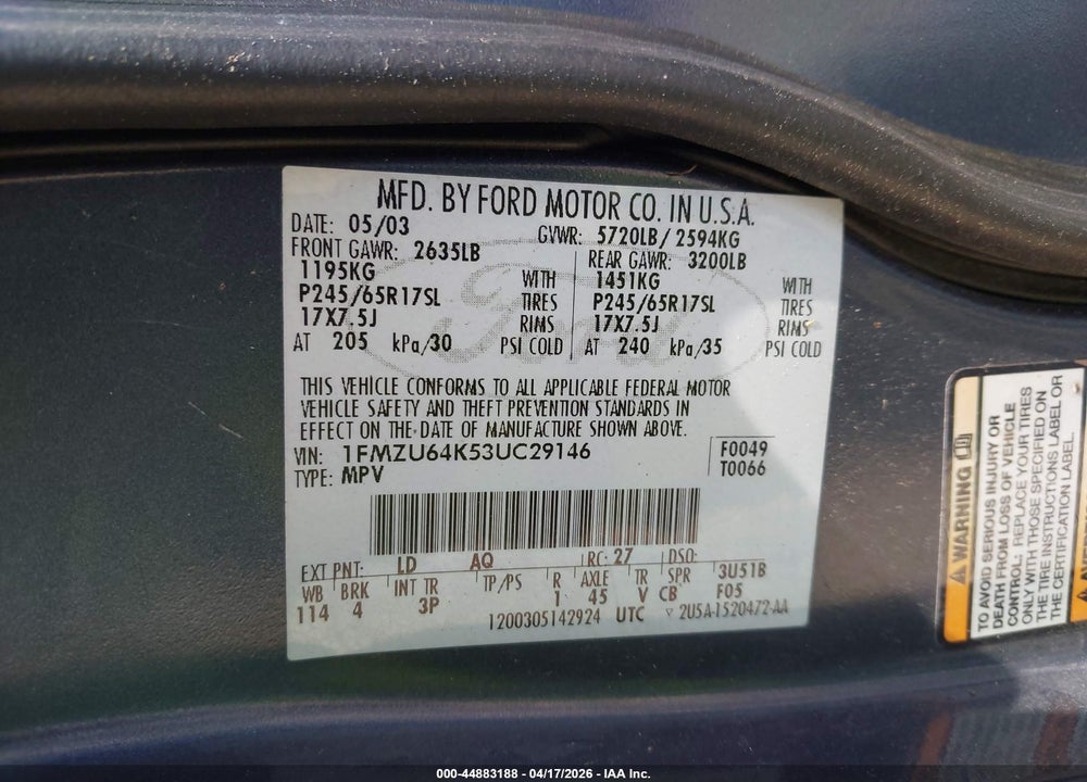 2003 FORD EXPLORER EDDIE BAUER VIN: 1FMZU64K53UC29146