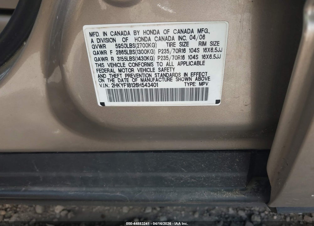 2006 HONDA PILOT LX VIN: 2HKYF18126H543401