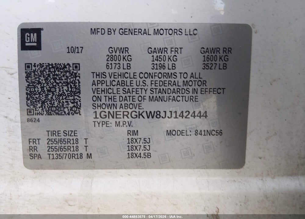 2018 CHEVROLET TRAVERSE 1LT VIN: 1GNERGKW8JJ142444