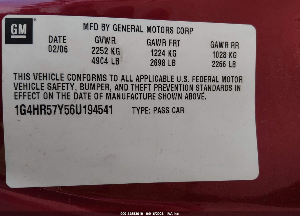 2006 BUICK LUCERNE CXL VIN: 1G4HR57Y56U194541